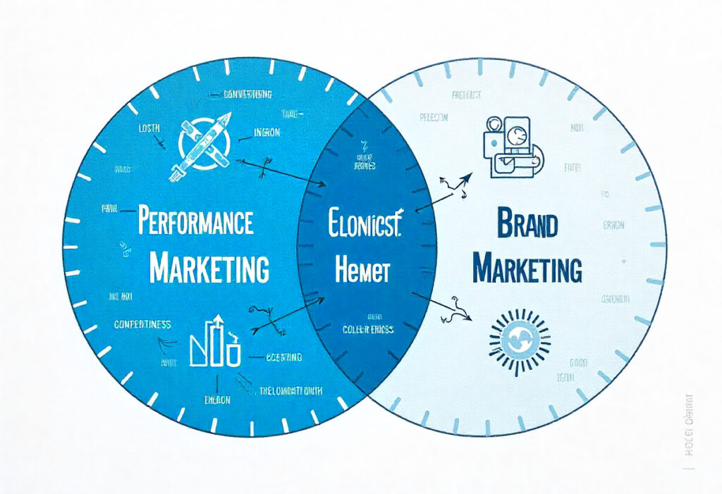 Visual comparison of performance marketing and brand marketing strategies showing short-term sales growth vs. long-term brand trust in 2025