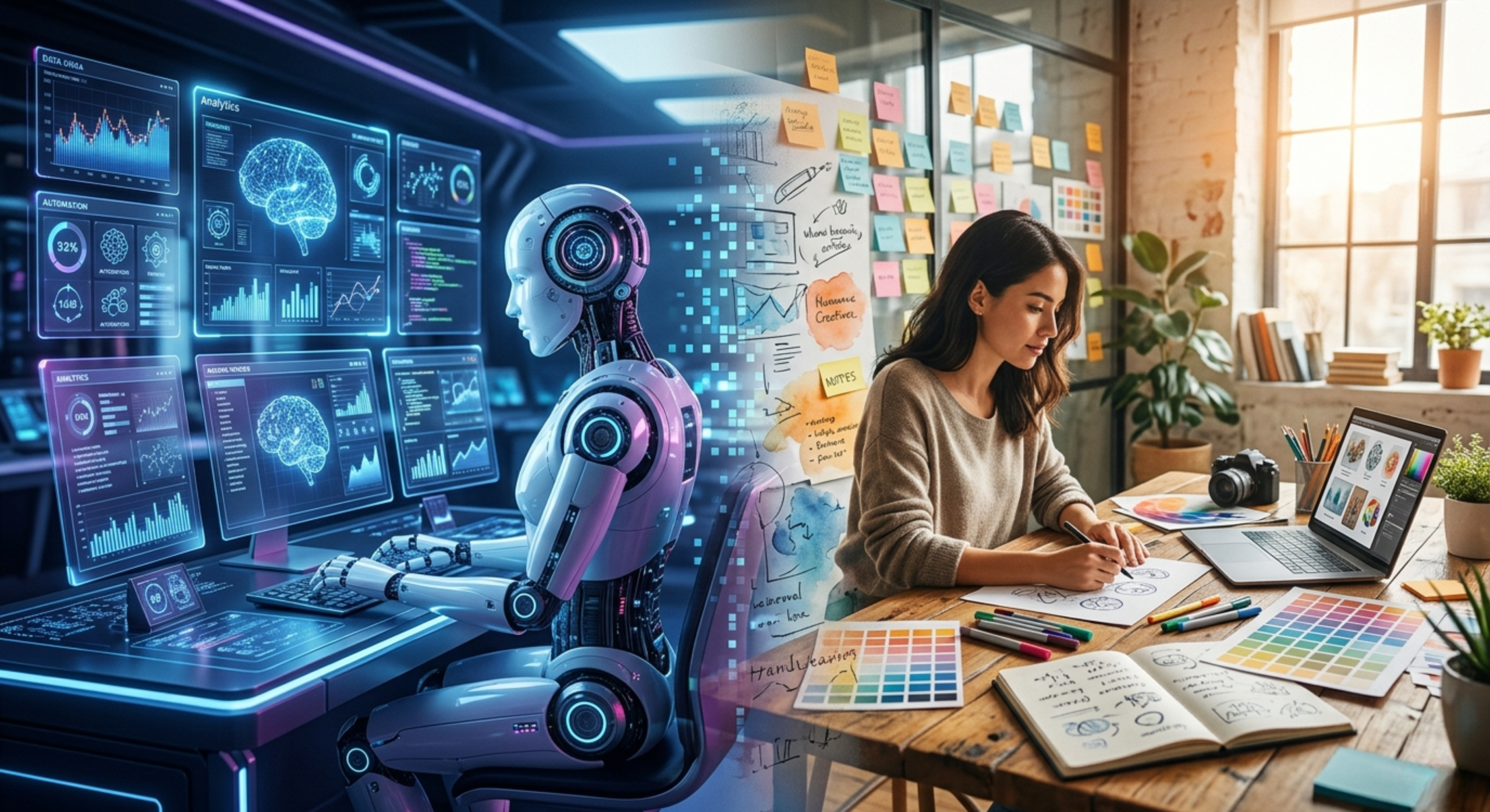 AI vs human creativity concept showing digital automation and human brainstorming working together in modern marketing