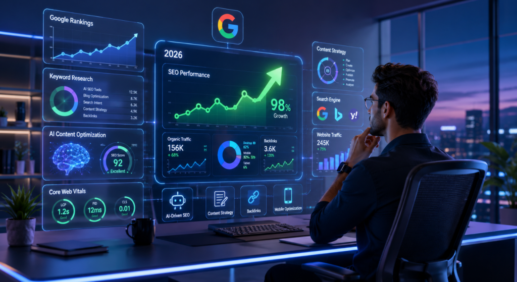 Futuristic digital marketing workspace showing a blogger analyzing SEO analytics, Google rankings, keyword research, AI content optimization tools, and website traffic growth for faster blog ranking in 2026.
