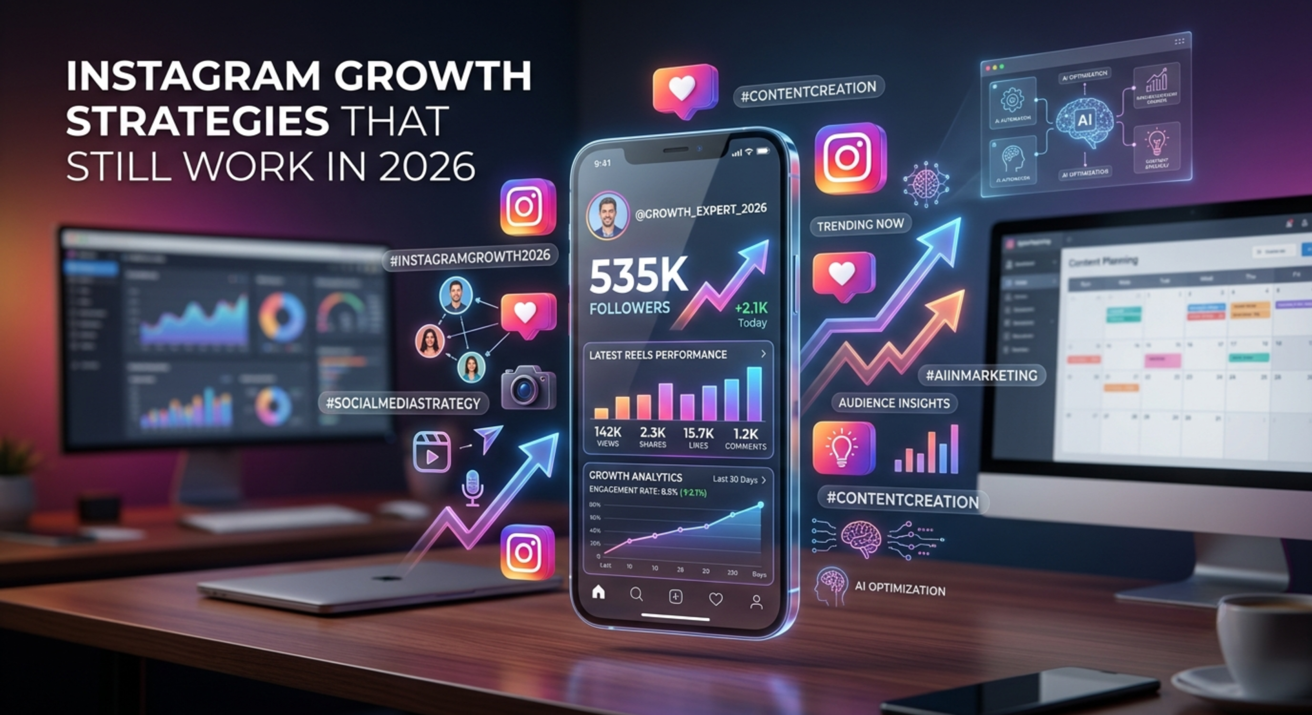 Instagram growth strategies in 2026 featuring social media analytics, engagement metrics, follower growth charts, and a smartphone displaying an Instagram-style interface.